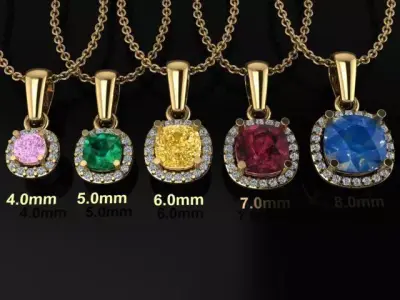 Dainty Diamond Halo Cushion Pendant With Bell Mix Size 3D print model