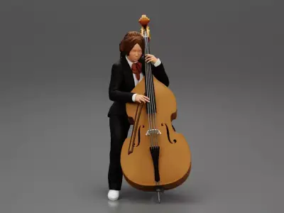 Beautiful young woman musician sitting on a vintage double bass 3D print model