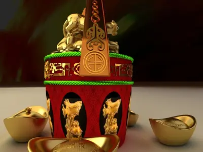 Chinese Gold Ingot with Golden tiger 3D model