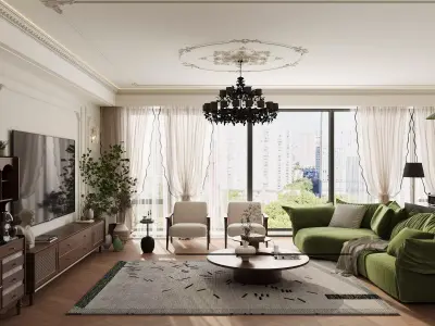 French style living room and kitchen 3D model