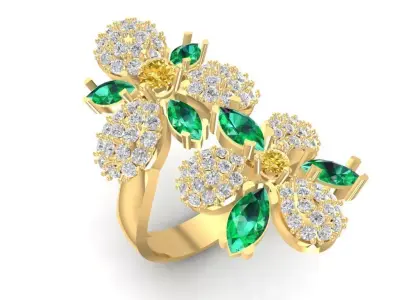 Luxury Floral Diamond and Emerald Cluster Ring for Women 1490 3D print model
