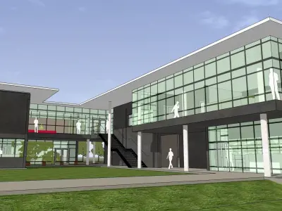 Office building with open green area  entrance 3D model