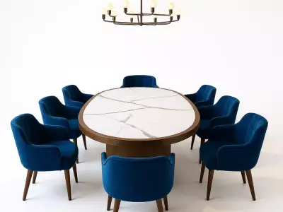 Modern Luxury Dining Set Marble Oval Table with Velvet Chairs 3D model
