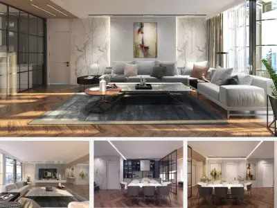 Modern Living and Dining Room 3D Model  3ds Max  VRay Ready File 3D model