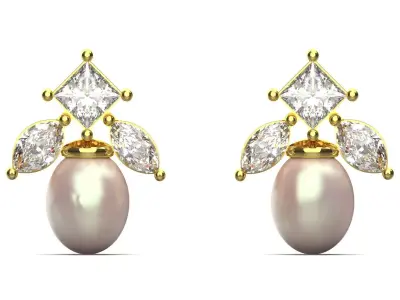 Pearl and Diamond Dangle Stud stl Earrings Model pe0051 3D print model