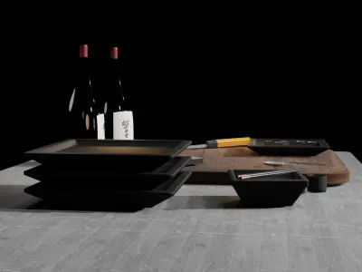 kitchen japanese table with bottle of wine Low-poly 3D model