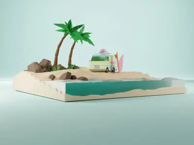 Sunny tropical beach with van and surf Low-poly 3D model