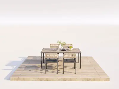 Modern Solid Wood Patio Table and Woven Texture Seating Low-poly 3D model