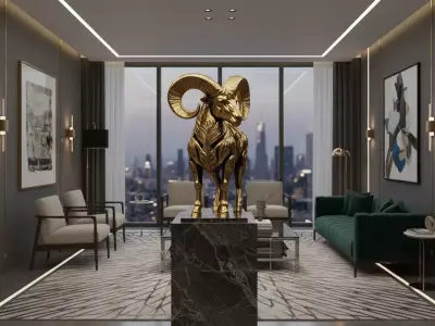 Golden Ram Sculpture Ornate Patterns Mythical Mountain Animal Low-poly 3D model