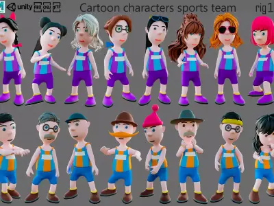 Cartoon characters sports team Low-poly 3D model