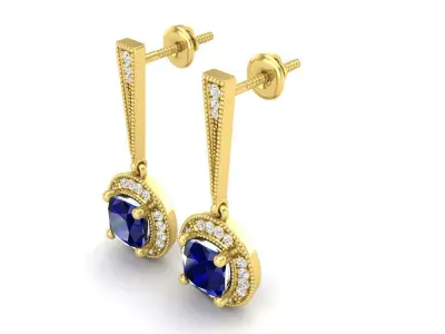 AV 552 Cushion Cut and Round Diamond Ladies Halo Drop Earrings 3D print model