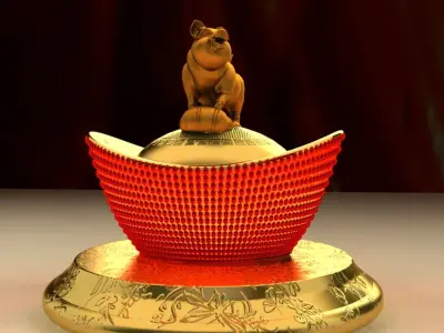 Chinese Gold Ingot with Golden pig 3D model