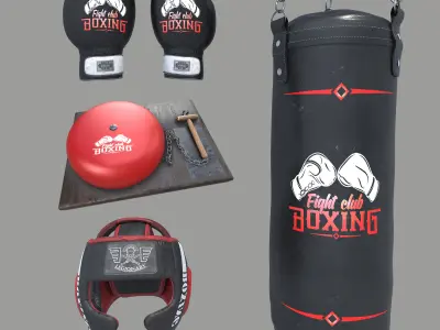 Boxing Equipment Punching Bag Boxing Gloves Headgear Ring Gong Low-poly 3D model