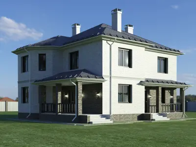 Cottage house on grassy field Low-poly 3D model