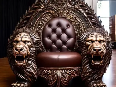 Luxury Lion Throne Chair Ornate Carvings Brown Leather 3D Low-poly 3D model