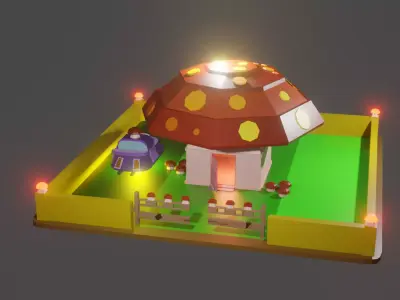 Cube mushroom future house with floating car  Free low-poly 3D model