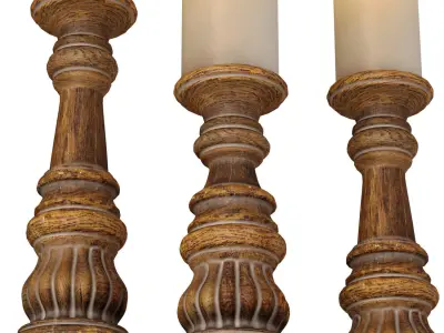 Rustic Wooden Carved Classic Distressed Candle Holders 3D model