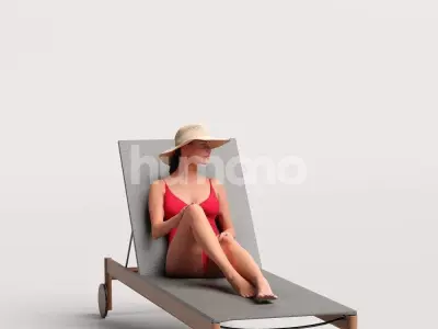 Humano Woman in swimsuit hat sitting sunbed pool-2511-050-7489 3D model