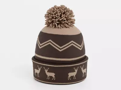 Winter Hat V6 - Brown Knit Beanie with Pom-Pom and Deer Pattern 3D model