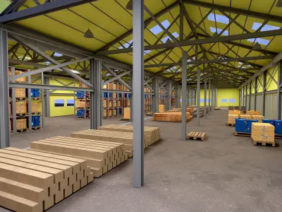 Warehouse filled with pallets and boxes Low-poly 3D model