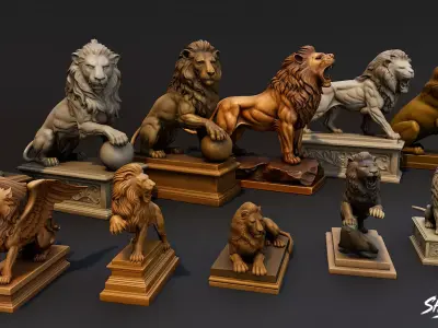 Lion Statues Pack Low-poly 3D model