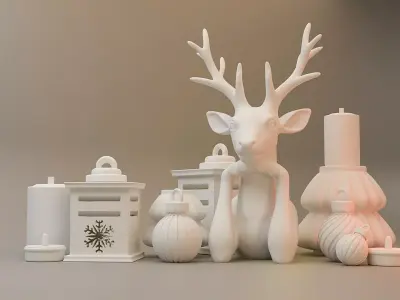 Christmas Decoration Reindeer Bust Lanterns Baubles and Candle  3D print model