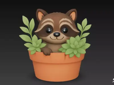 Raccoon in Flower Pot Low-poly 3D model