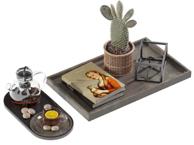 Coffee set 14 - tray pot cup books figurine plant pot  3D model