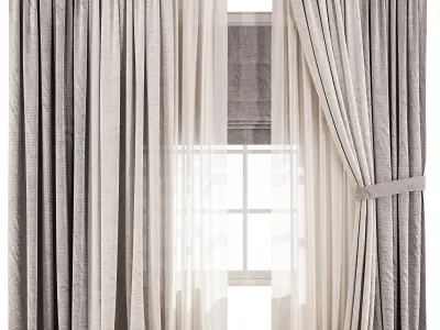 Soft Linen  Sheer Drapes with Roman Blind 3D model