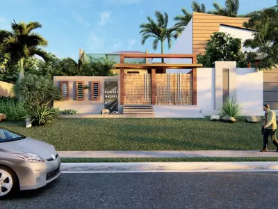 Exterior Render - 3D Model modern house with car Low-poly 3D model