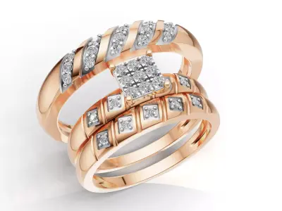 AV 738 Diamond Cluster Engagement Ring Trio Bridal Set 3D print model