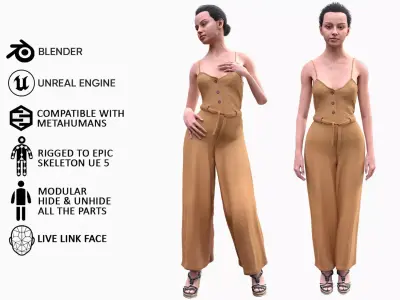 Woman in Overall - Modular - Rigged Low-poly 3D model