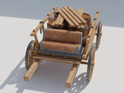 Medieval cart with barrels Low-poly 3D model