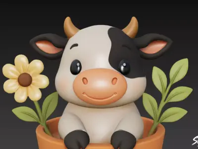Cow in Flower Pot Low-poly 3D model
