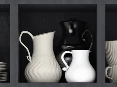 Kitchen set shelf filled with dishes and utensils 3D model