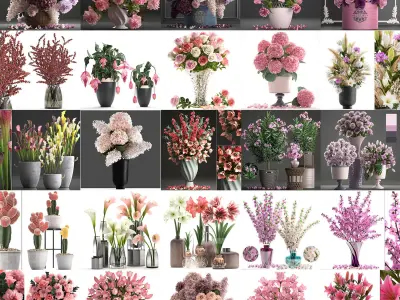 Collection of pink flower bouquets in vases 40 pieces 3D model