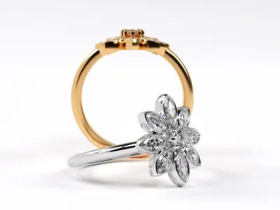 gold flower ring with marcuise diamonds  3D print model