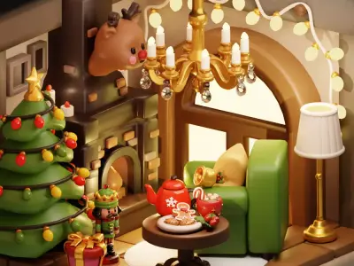 Interior Christmas and New year Living Room Item Pack Low-poly 3D model