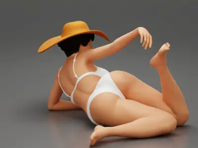 Sexy girl in bikini lying on the beach with hat 3D print model