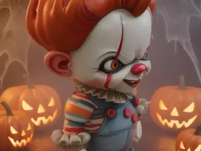 Cute Halloween Clown 3D Cartoon Character Red Hair Outfit Low-poly 3D model