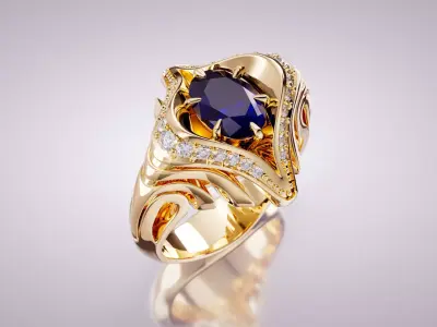 Ornate Gold Ring with Sapphire and Diamonds 3D print model