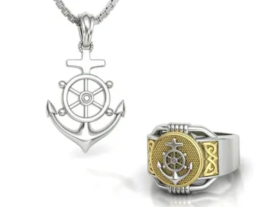 Anchor Pendant and Ring Collection Sailor Jewelry Set 3D Model Pack