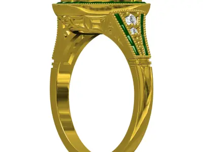 Cushion Stone Baguette Diamond Double Halo Art Deco Ring 3D print model