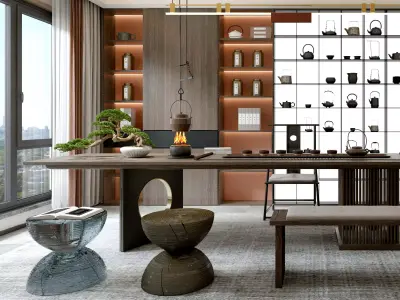 Chinese tearoom study room Low-poly 3D model