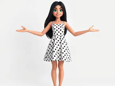 Polka Dot Dress Girl D Character Model with Animated Expressions Low-poly 3D model