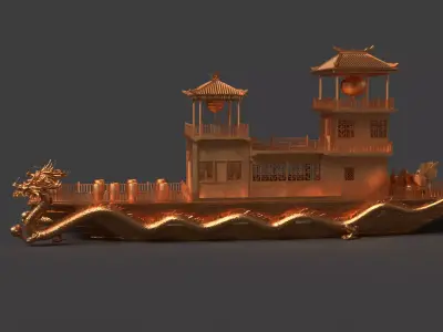 Chinese golden dragon  house boat   Low-poly 3D model