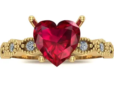 Heart gemstone ring with detailed band and brilliant stones 3D print model