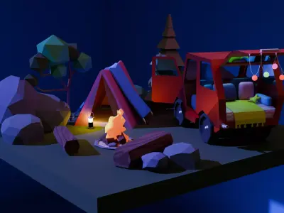 isometric  campsite lowpoly model Low-poly 3D model
