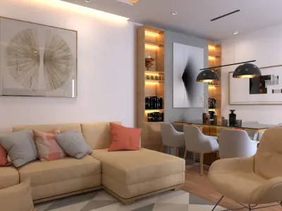 interior living room  kitchen   Low-poly 3D model