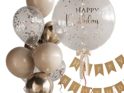 Birthday Holiday Decoration with cakes and balloons and gifts 3D model